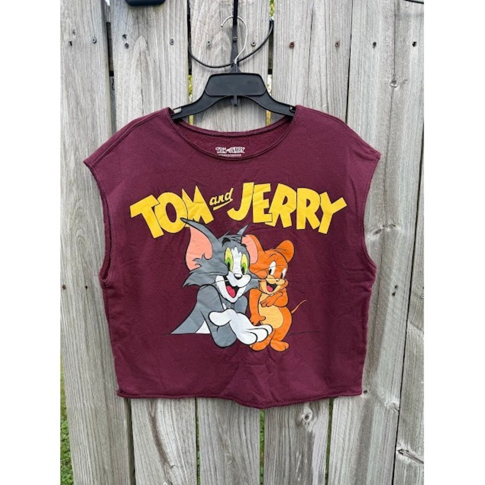 Cartooncore Retro Tom and Jerry Sweatshirt Vest XL Maroon Raw Hem Graphic Top